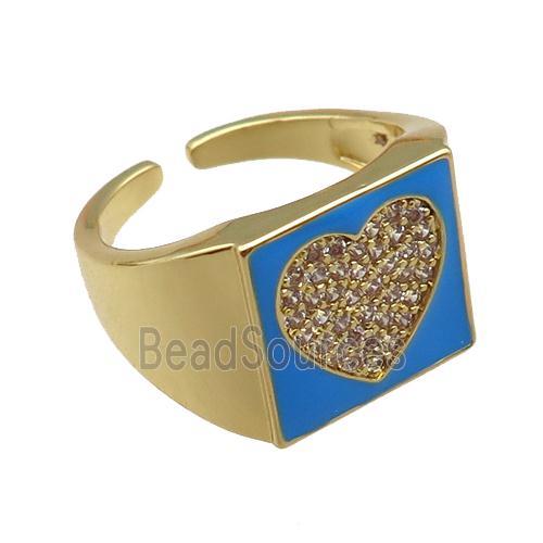 copper rings paved zircon with blue enameled, heart, adjustable, gold plated