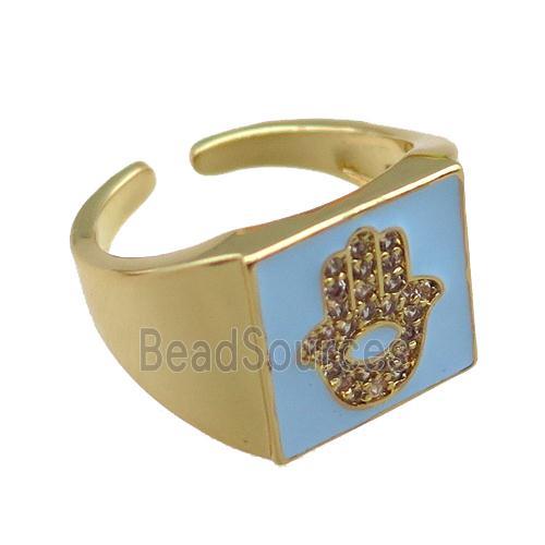 copper rings paved zircon with blue enameled, hamsahand, adjustable, gold plated