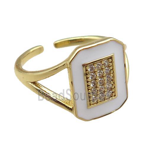 copper rings paved zircon with white enameled, adjustable, gold plated