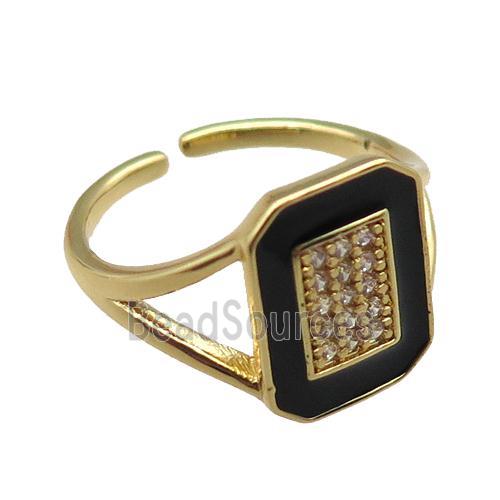 copper rings paved zircon with black enameled, adjustable, gold plated