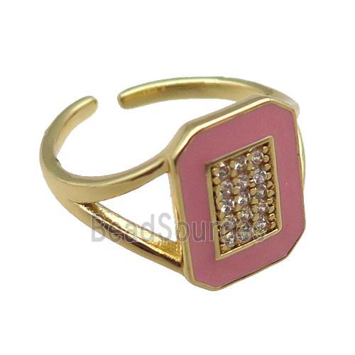 copper rings paved zircon with pink enameled, adjustable, gold plated