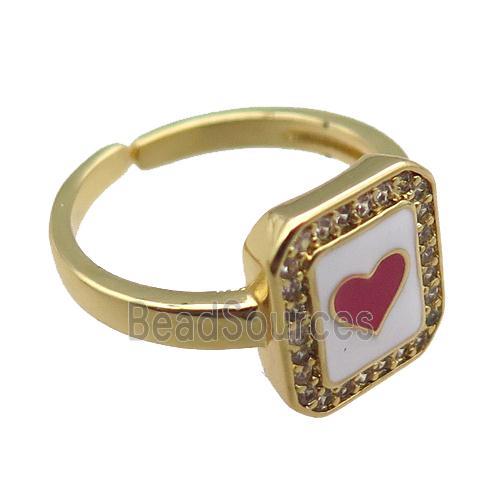 copper rings paved zircon with enameled, heart, adjustable, gold plated