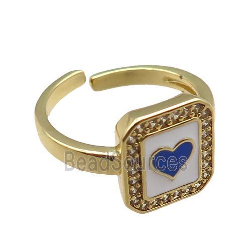 copper rings paved zircon with enameled, heart, adjustable, gold plated