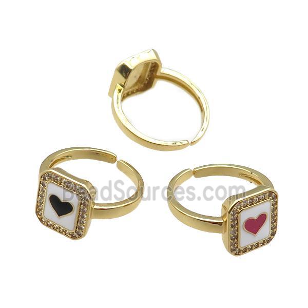 mix copper rings paved zircon with enameled, heart, adjustable, gold plated