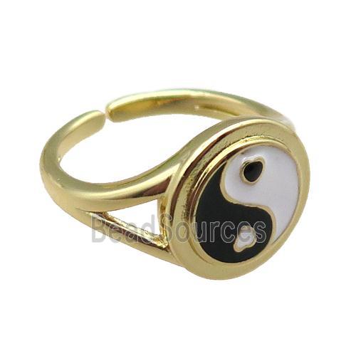 copper taichi Rings with enameled, yinyang, adjustable, gold plated