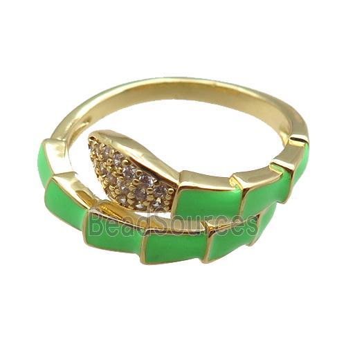 copper snake rings paved zircon with green enameled, adjustable, gold plated