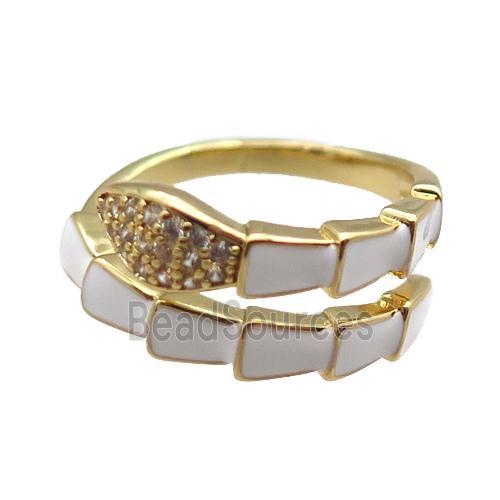 copper snake rings paved zircon with white enameled, adjustable, gold plated