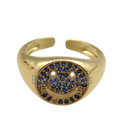 copper rings paved blue zircon with smileface emoji, adjustable, gold plated