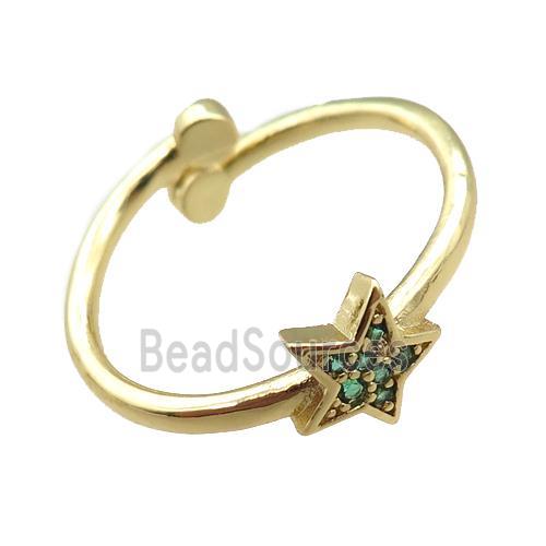 adjustable copper ring with star pave green zircon, gold plated