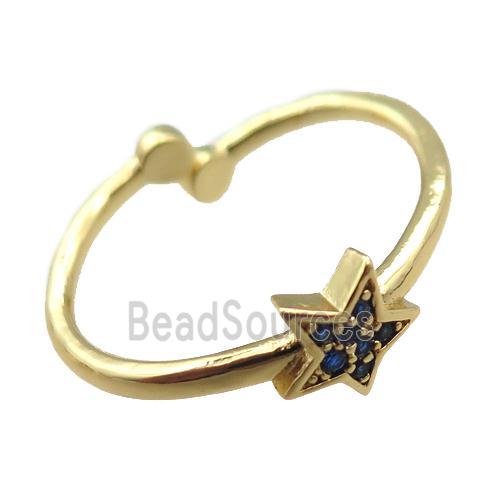 adjustable copper ring with star pave blue zircon, gold plated