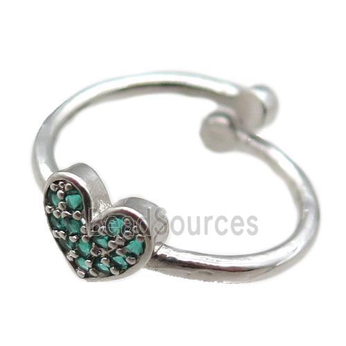 adjustable copper ring with heart pave green zircon, platinum plated