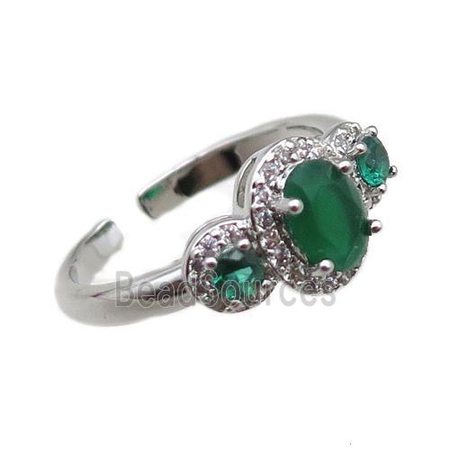 adjustable copper ring pave green zircon, platinum plated