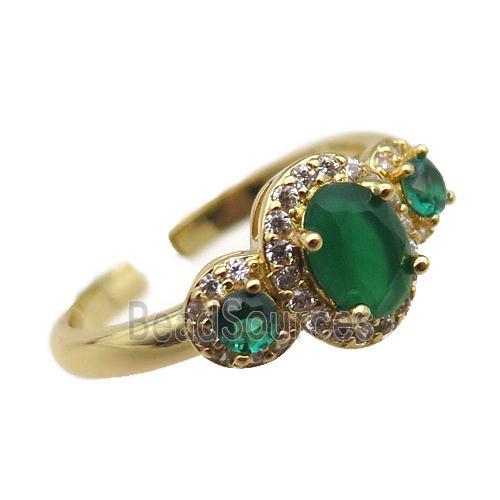 adjustable copper ring pave green zircon, gold plated