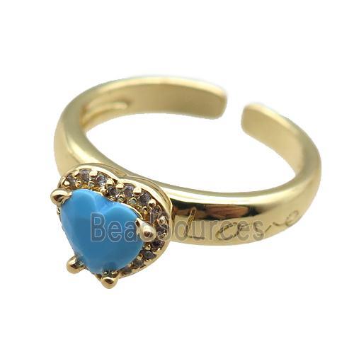 adjustable copper ring with heart pave zircon, gold plated