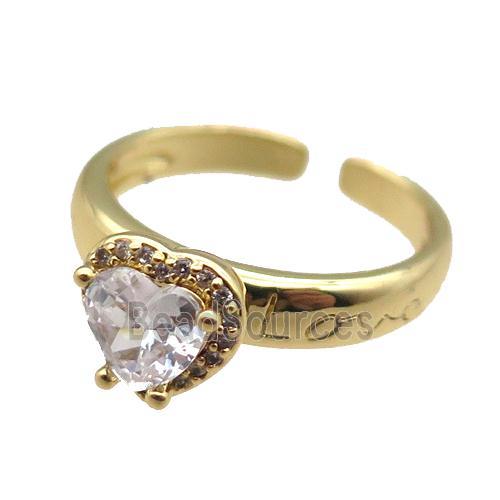 adjustable copper ring with heart pave zircon, gold plated