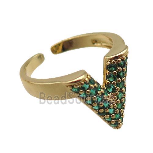 adjustable copper ring pave green zircon, gold plated