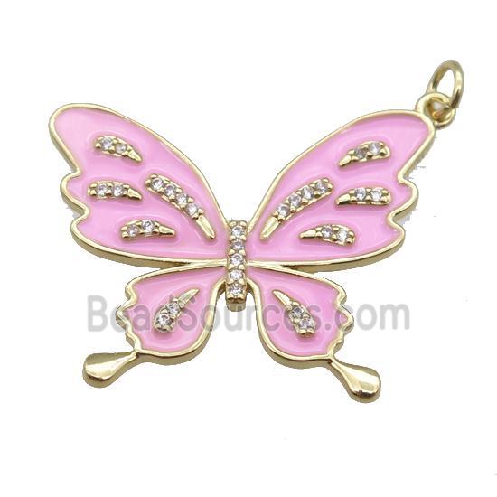 copper butterfly pendant with pink enameled, gold plated