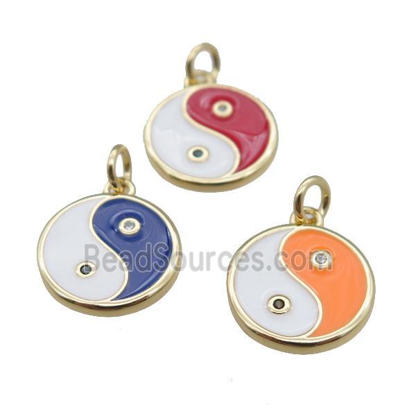 copper taichi pendant, yinyang charm, mix enameled, gold plated