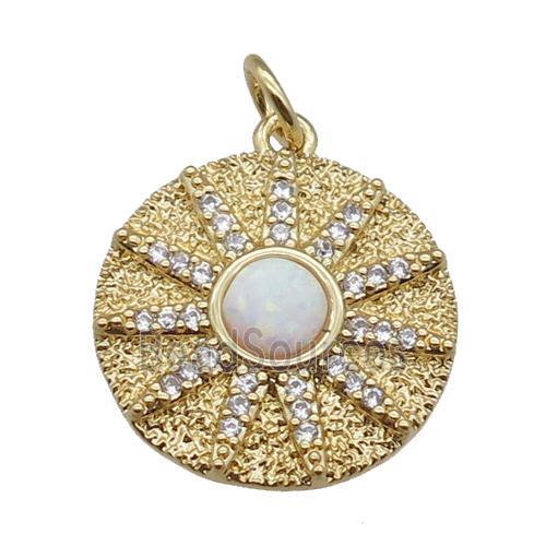 copper circle pendant pave zircon, sun, gold plated