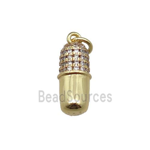 copper pill charm pendant pave zircon, gold plated