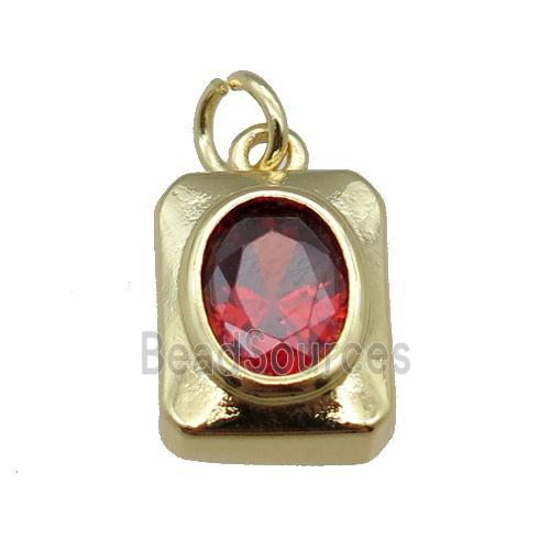 copper rectangle pendant pave red zircon, gold plated