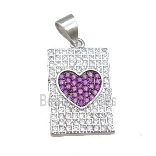 copper rectangle pendant pave zircon, heart, platinum plated