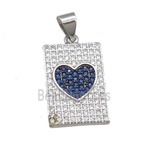 copper rectangle pendant pave zircon, heart, platinum plated