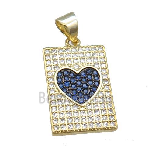 copper rectangle pendant pave zircon, heart, gold plated