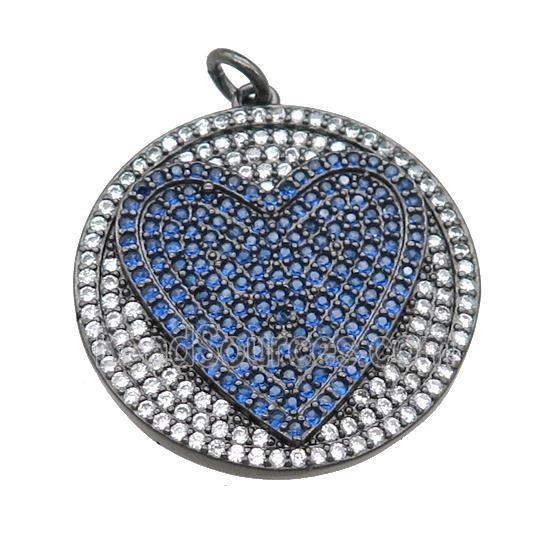 copper circle pendant pave blue zircon, heart, black plated