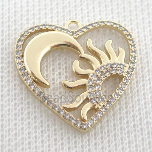 Copper Heart Pendant Pave Zircon Moon Sun Gold Plated