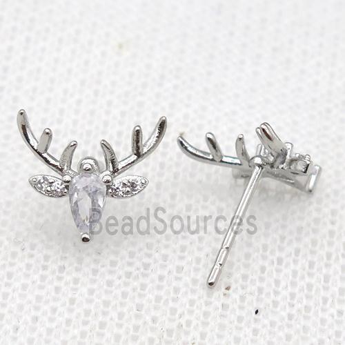 copper Reindeer Stud Earring paved zircon, platinum plated