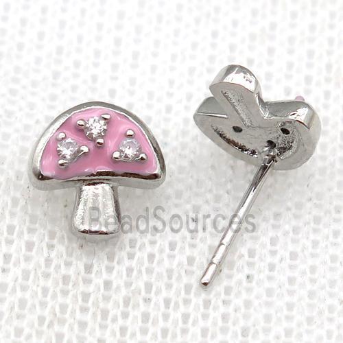 copper mushroom Stud Earring with pink Enameled, platinum plated