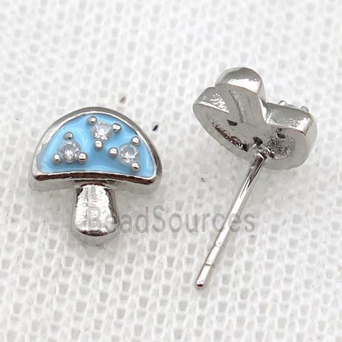 copper mushroom Stud Earring with blue Enameled, platinum plated