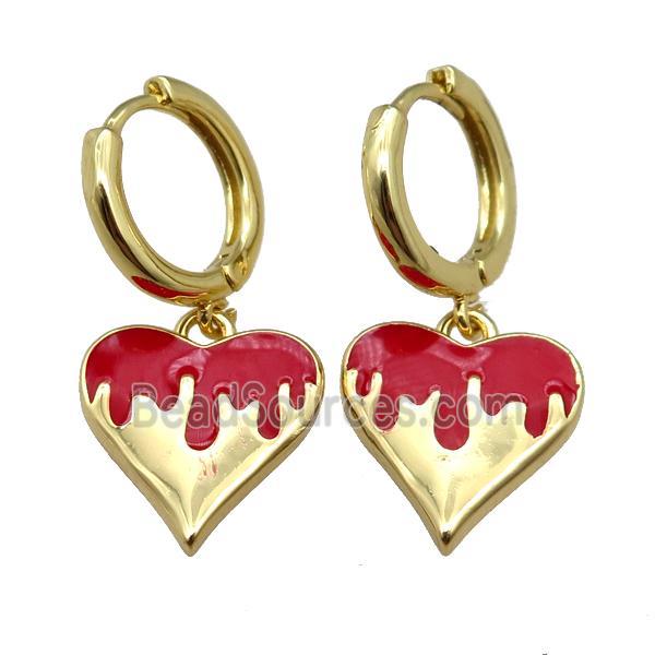 copper Hoop Earrings with Heart Red Enamel, gold plated