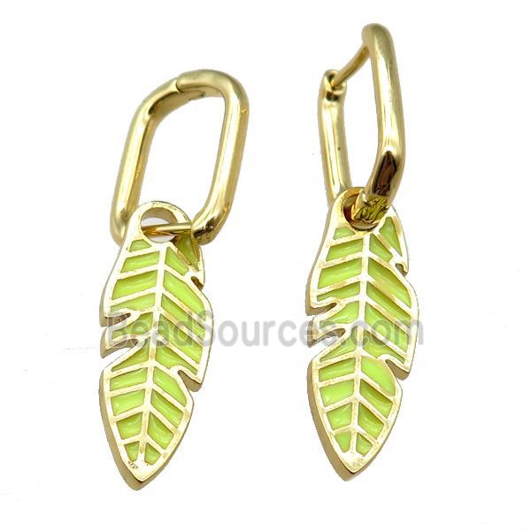 copper Latchback Earrings with Olive Enamel Leaf, gold plated