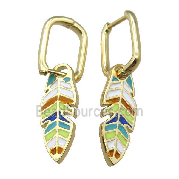 copper Latchback Earrings with Rainbow Enamel Leaf, gold plated