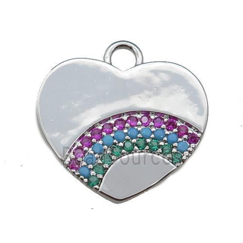 copper heart pendant pave rainbow zircon, platinum plated