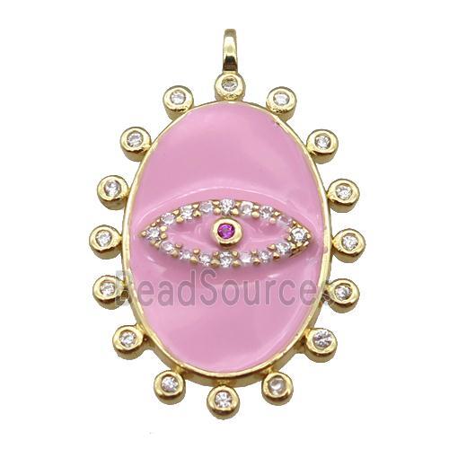 copper oval Eye pendant pave zircon with pink enamel, gold plated