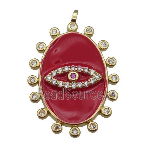 copper oval Eye pendant pave zircon with red enamel, gold plated