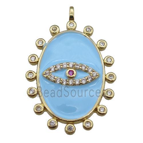 copper oval Eye pendant pave zircon with blue enamel, gold plated