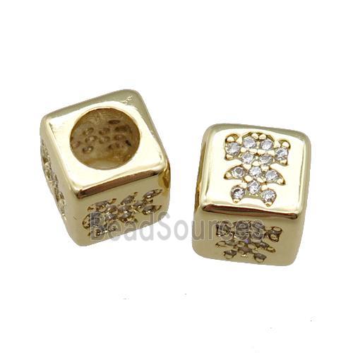 European Style copper cube beads pave zircon, kid, large hole, gold plated