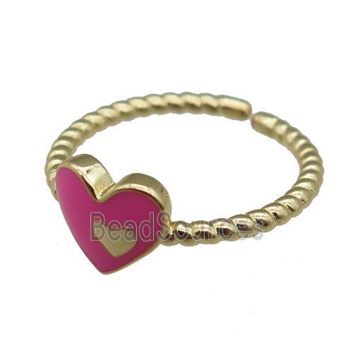 copper Ring with pink enamel heart, gold plated