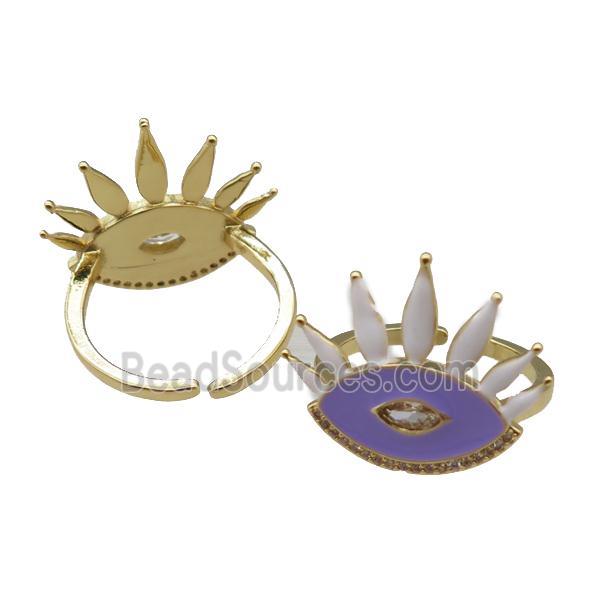 adjustable copper Rings with purple enamel eye, gold plated