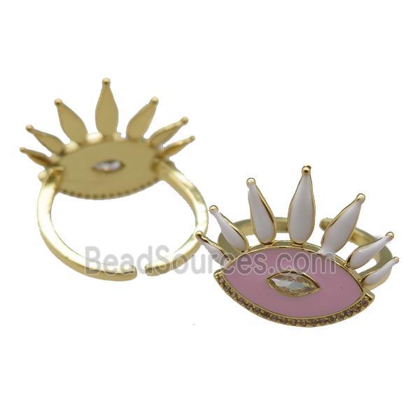 adjustable copper Rings with pink enamel eye, gold plated