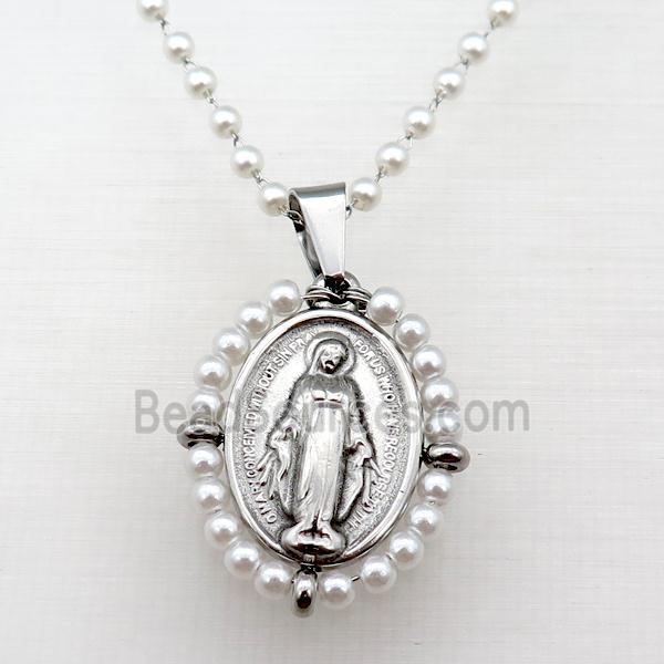 Stainless Steel Jesus Necklace White Pearlized Glass Platinum Plated