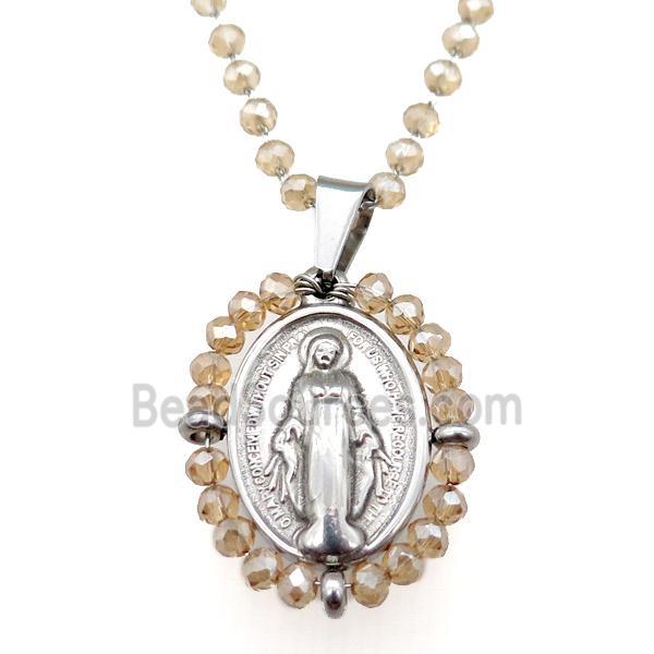 Stainless Steel Jesus Necklace Champagne Crystal Glass Platinum Plated