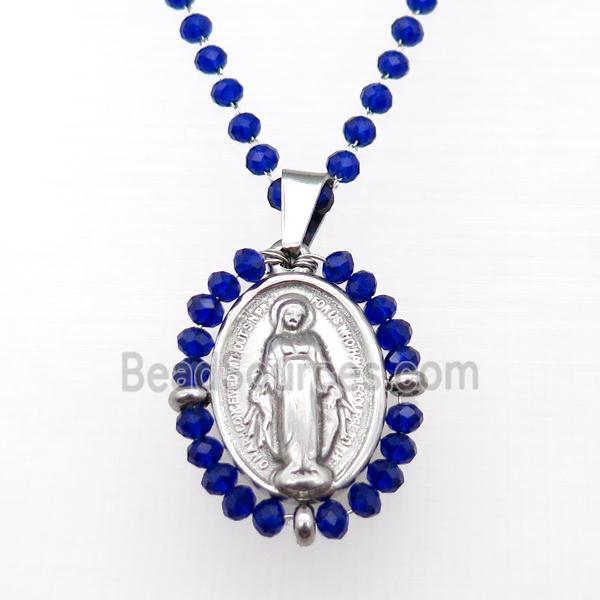 Stainless Steel Jesus Necklace Blue Crystal Glass Platinum Plated