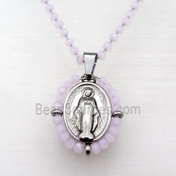 Stainless Steel Jesus Necklace Pink Crystal Glass Platinum Plated