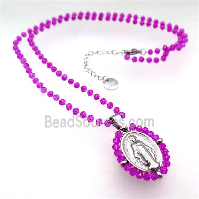 Stainless Steel Jesus Necklace Hotpink Crystal Glass Platinum Plated