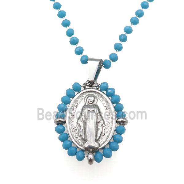 Stainless Steel Jesus Necklace Teal Crystal Glass Platinum Plated